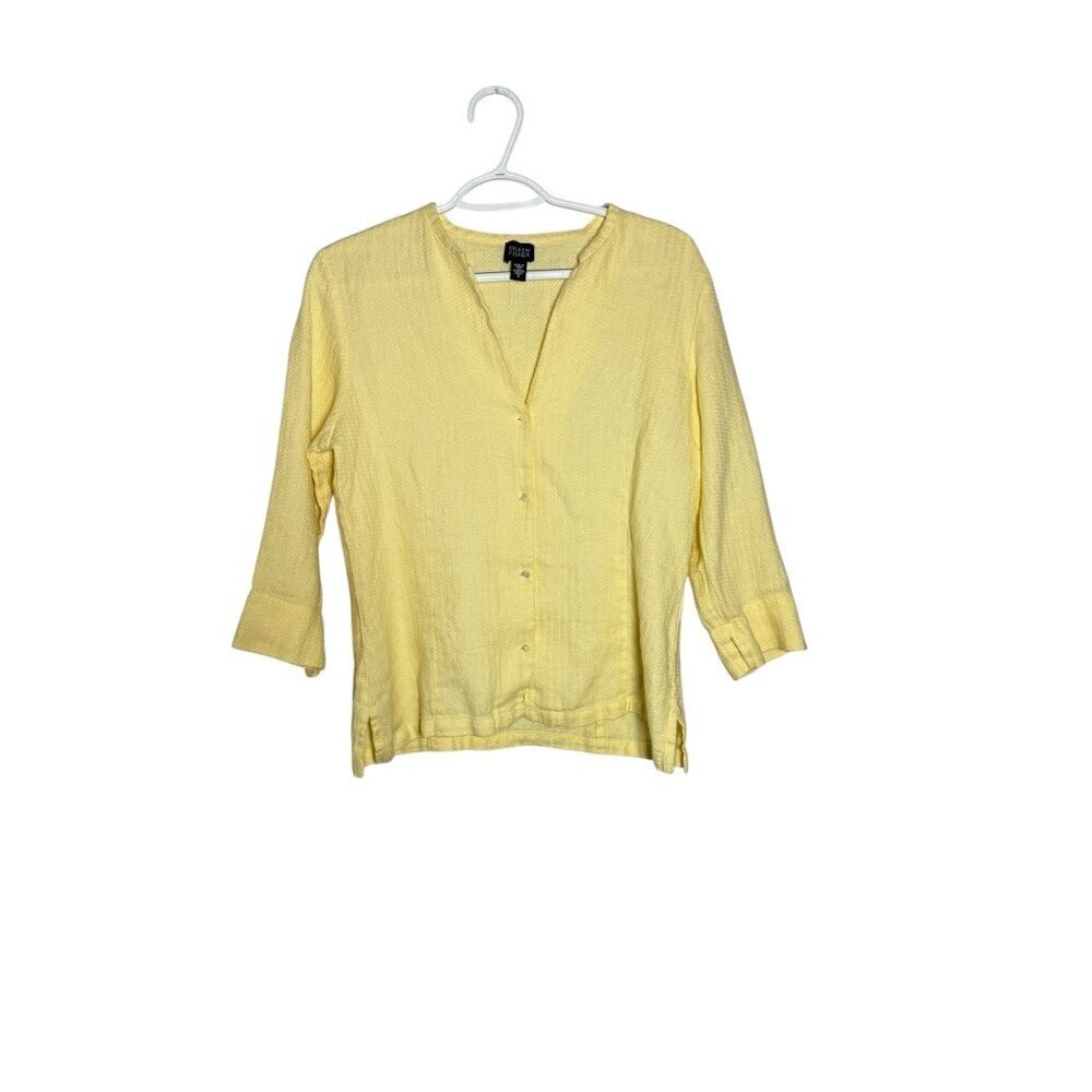 Eileen Fisher Womens Yellow Textured Button-Front Tunic Top 3/4 Sleeve 100% Line